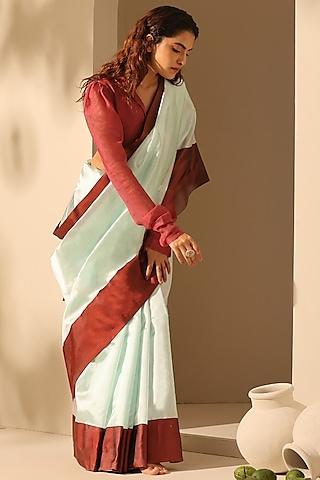 sky blue & maroon chanderi silk handloom saree set