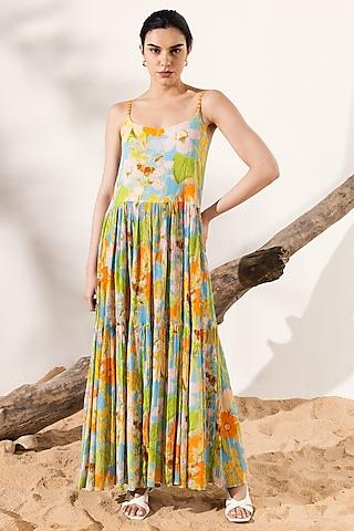 sky blue & orange cotton crepe floral printed tiered maxi dress