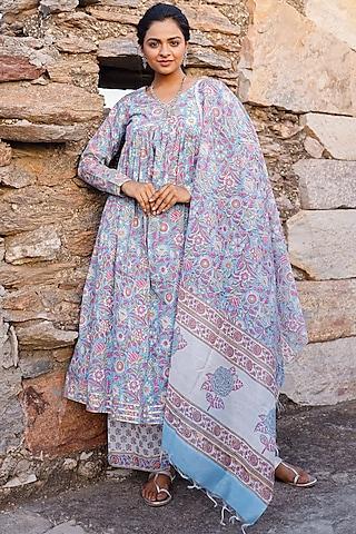 sky blue & pink block printed kurta set