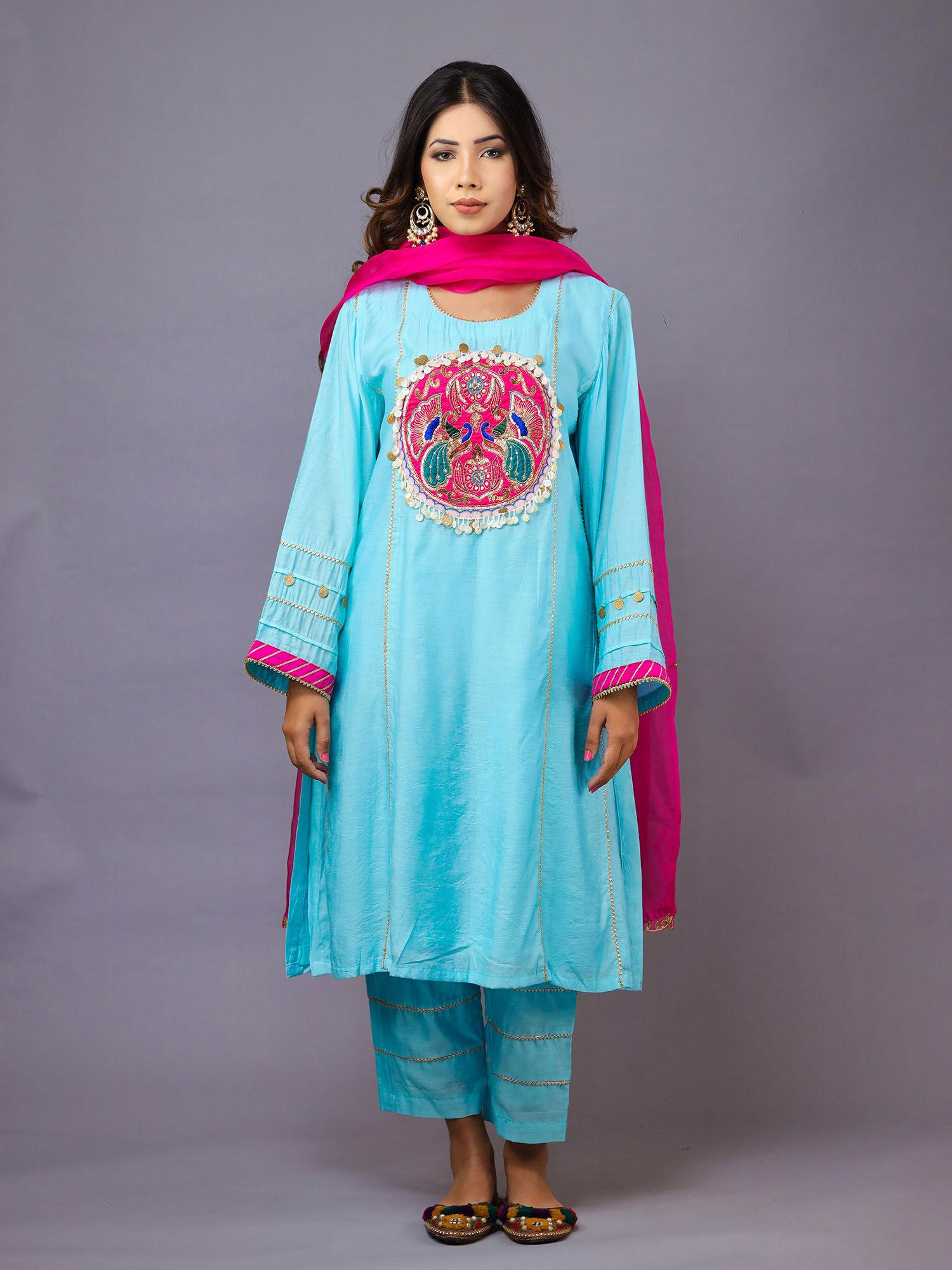 sky blue & rani pink kurta with pant and dupatta (set of 3)