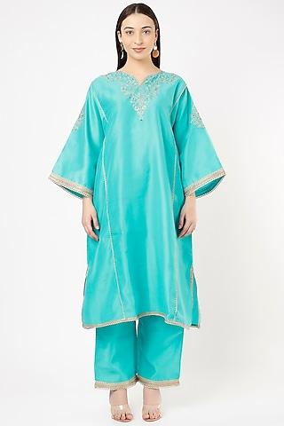 sky blue aari embroidered kurta set