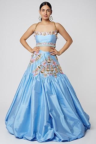 sky blue aari embroidered lehenga set