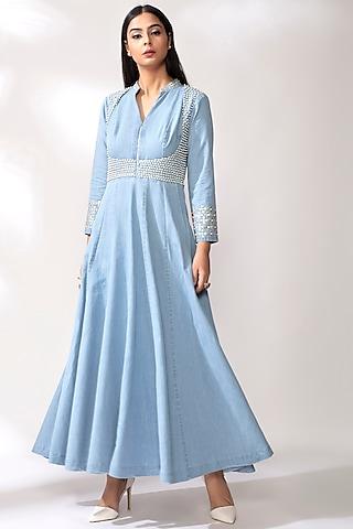 sky blue anarkali with pearl detailing