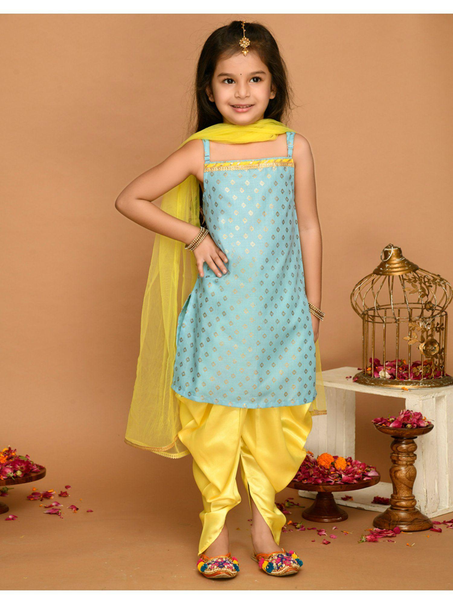 sky blue and yellow kurta dhoti with lace work and mesh dupatta