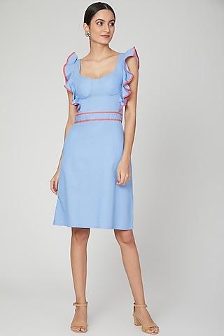 sky blue backless dress with ruffled tie-up