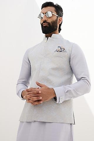 sky blue banarasi silk embroidered nehru jacket