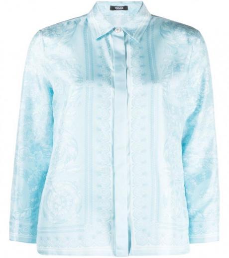 sky blue barocco print silk shirt