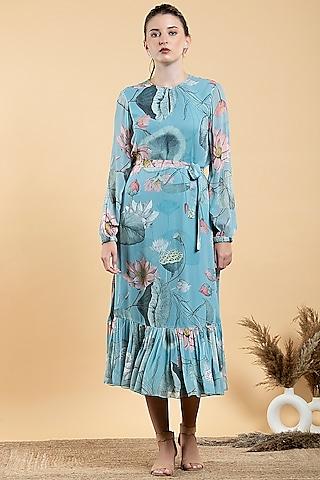 sky blue bemberg georgette printed midi dress