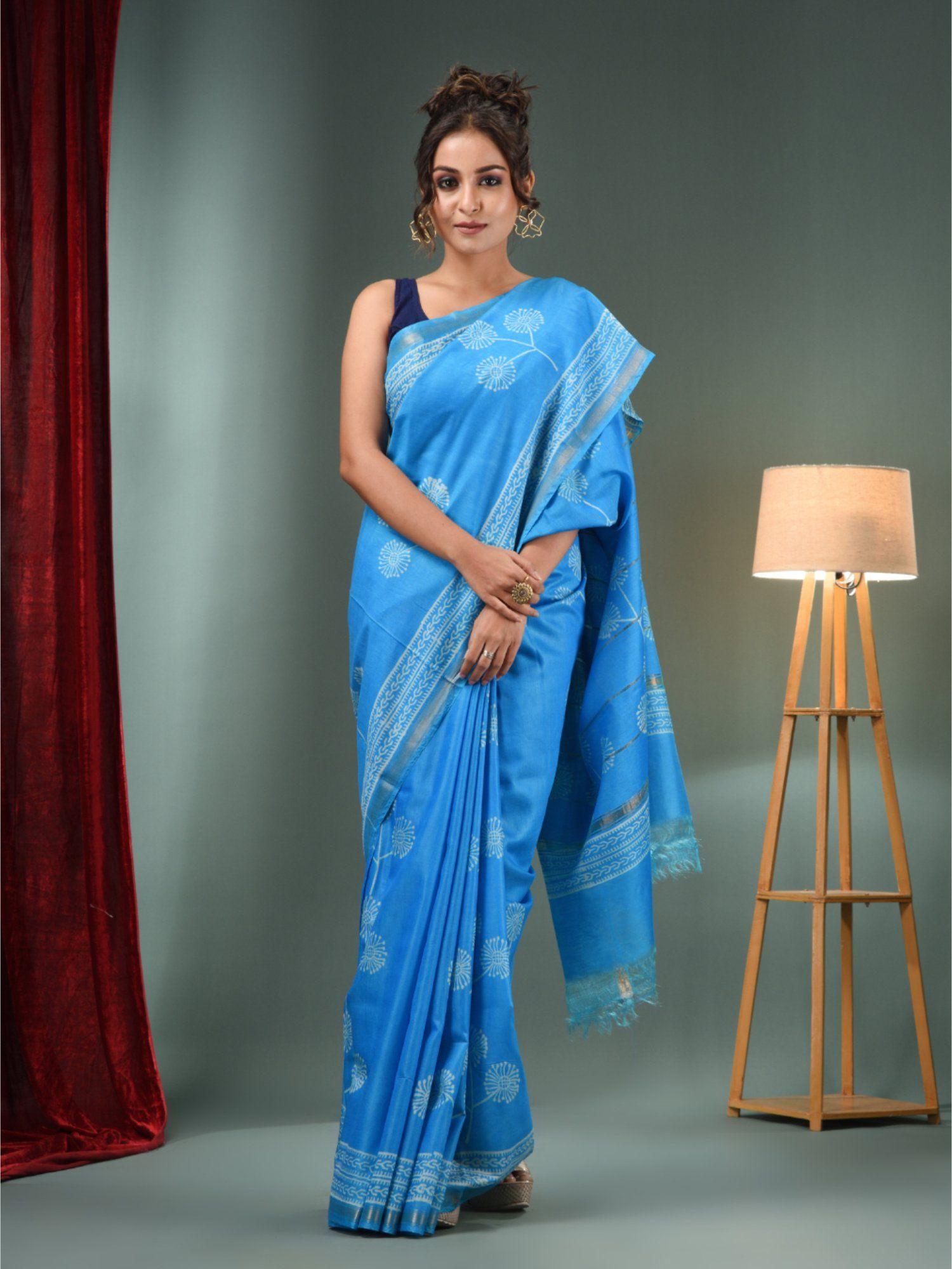 sky blue blended silk handwoven saree with flower designs & unstitched blouse