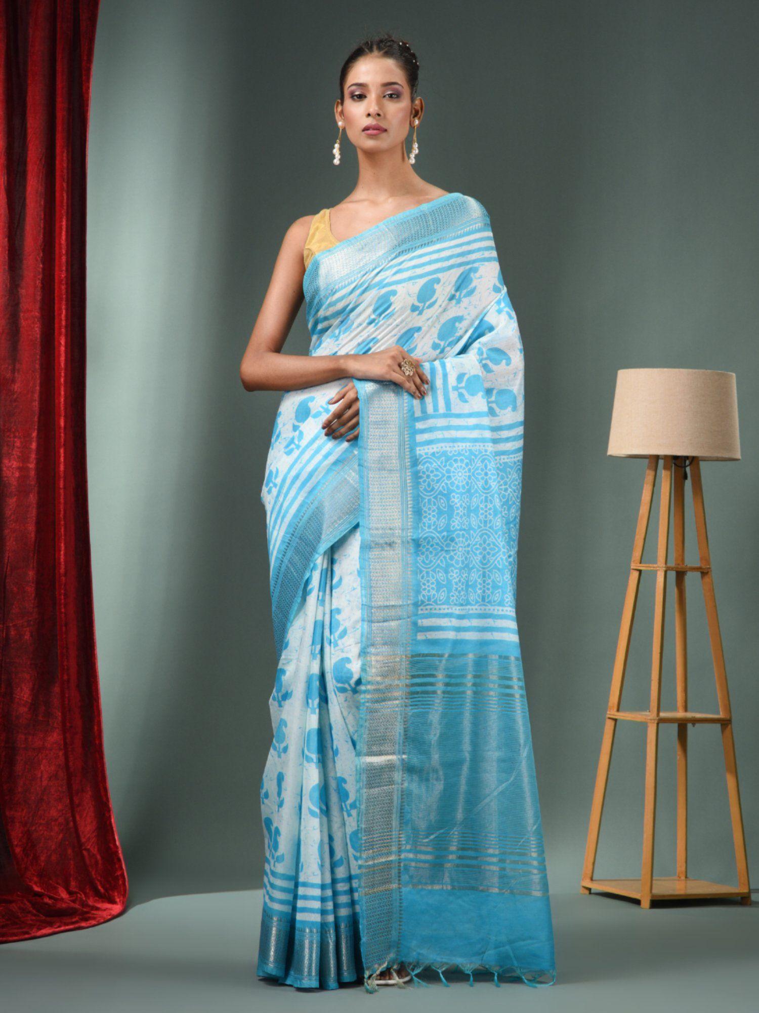 sky blue blended silk handwoven saree with zari border & unstitched blouse