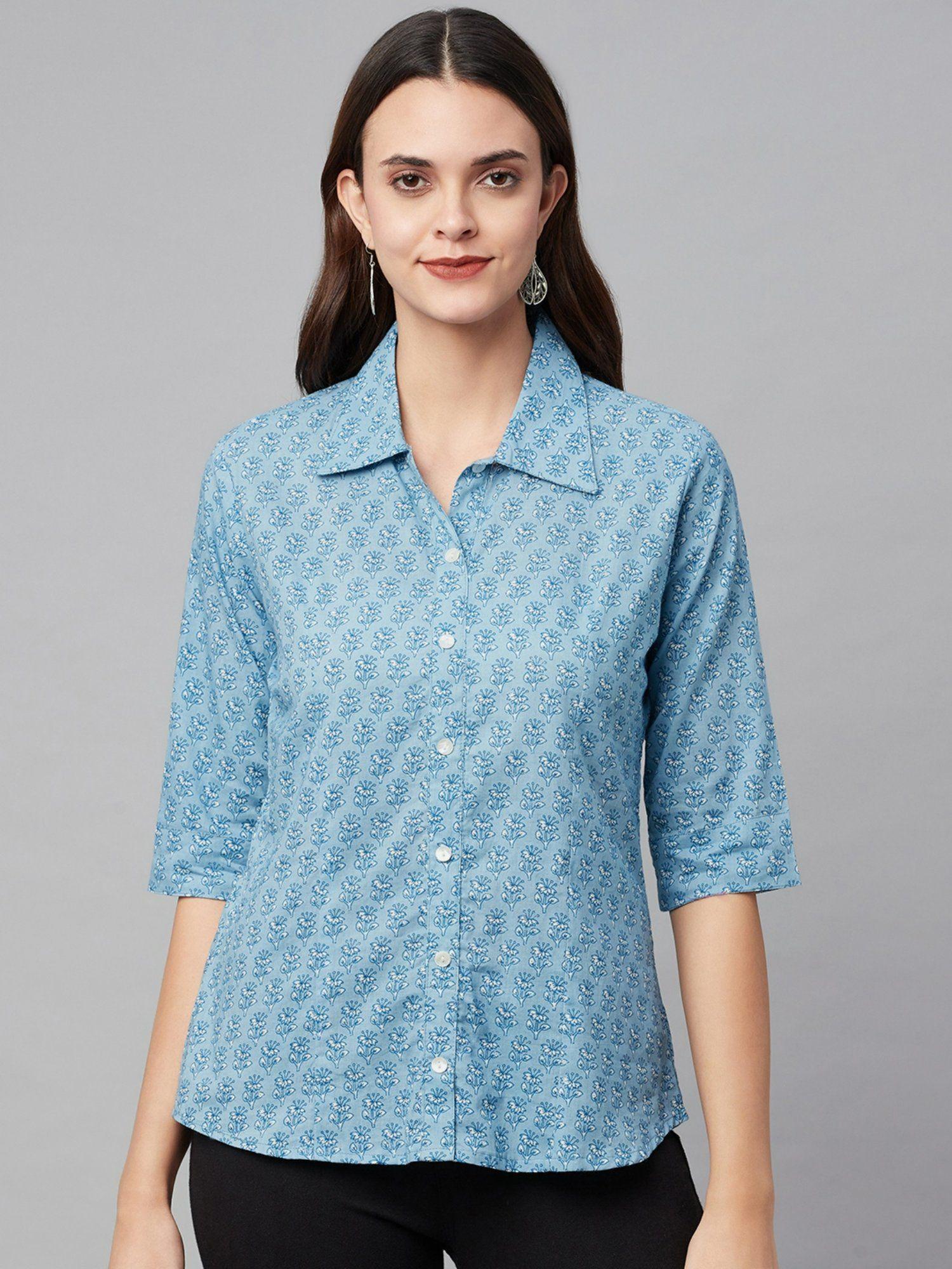 sky blue block printed casual women shirt