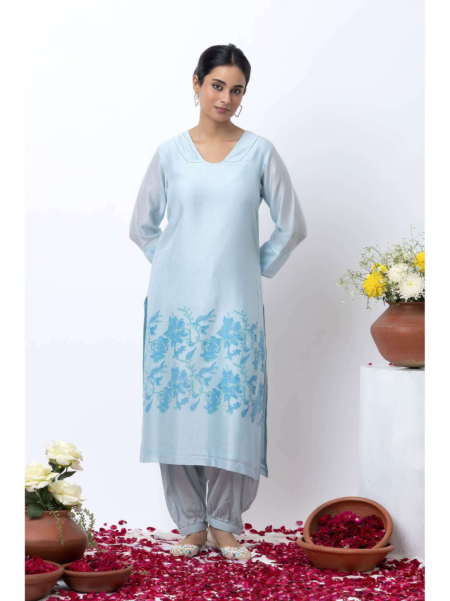 sky blue block printed v-neck kurta