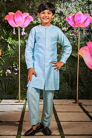sky blue chanderi bundi jacket with kurta set for boys