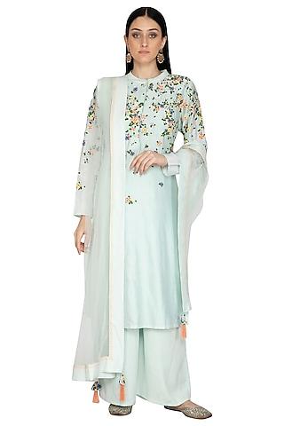 sky blue chanderi floral embroidered tunic set