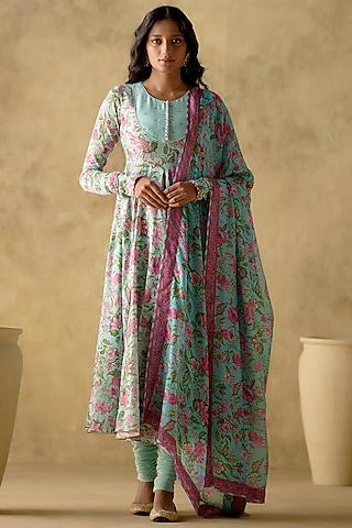 sky blue chanderi silk floral printed anarkali set