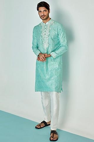 sky blue chanderi silk resham embroidered kurta set