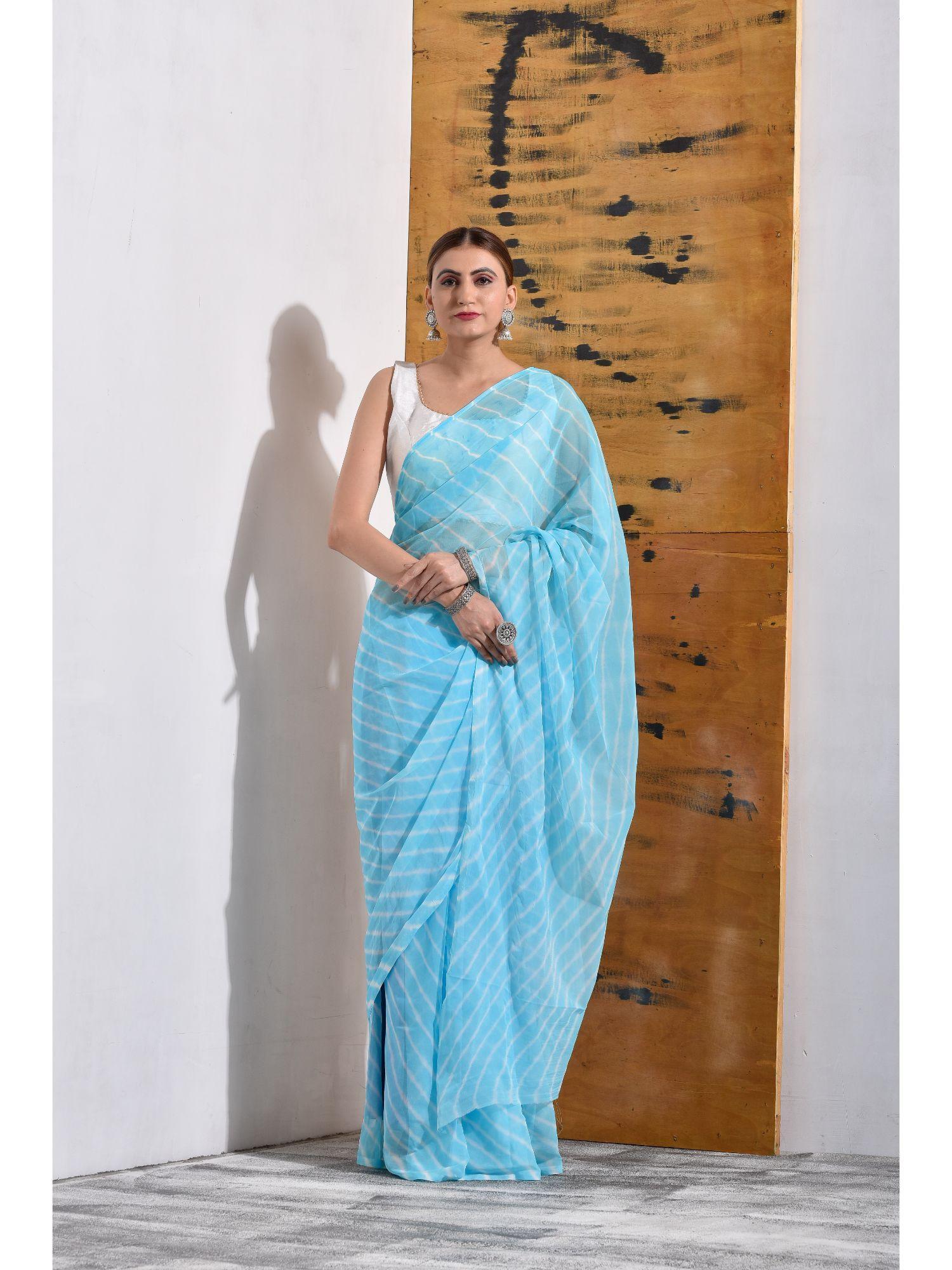 sky blue chiffon leheriya saree with unstitched blouse