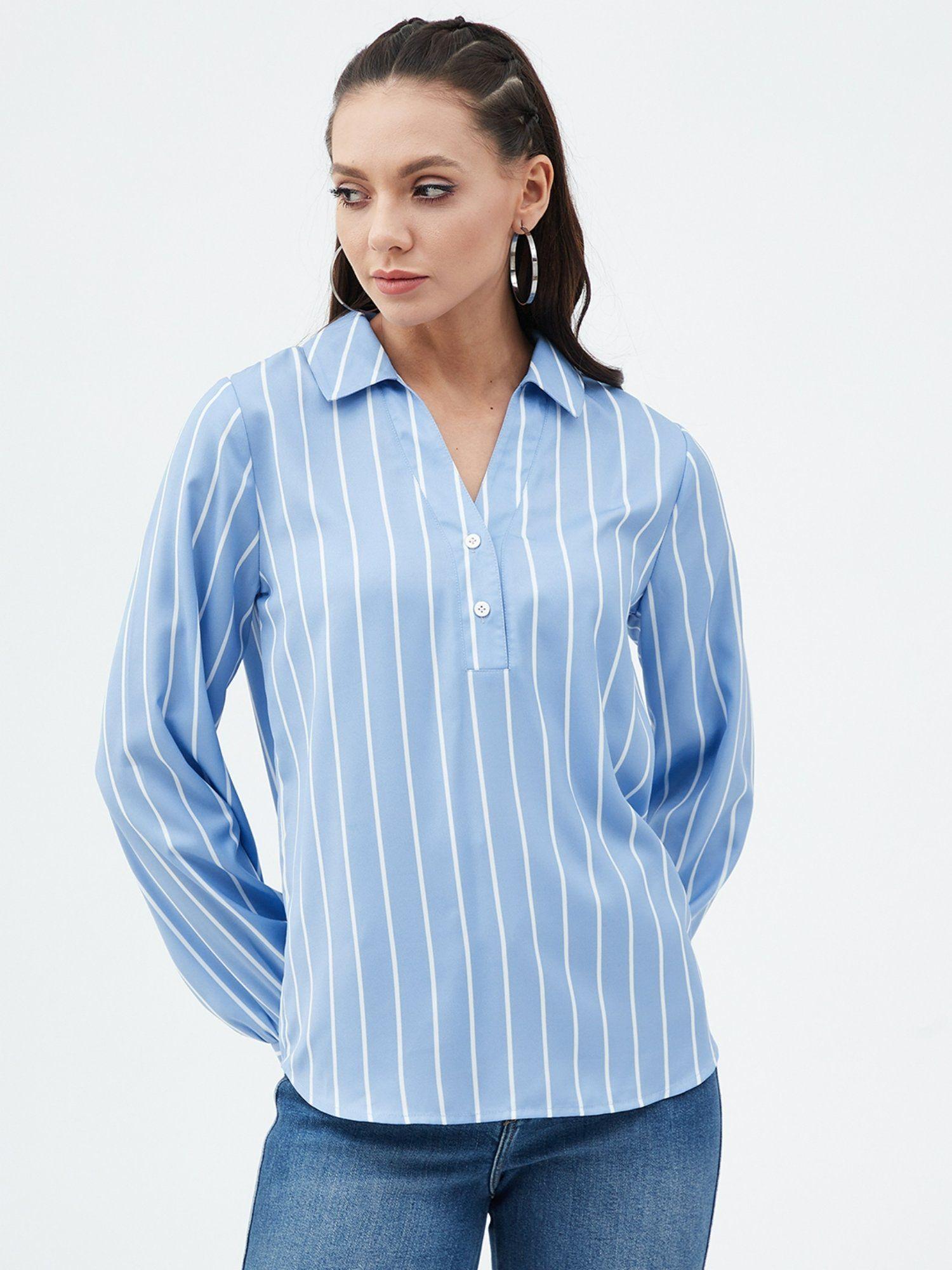 sky blue collar neck shirt style striped top