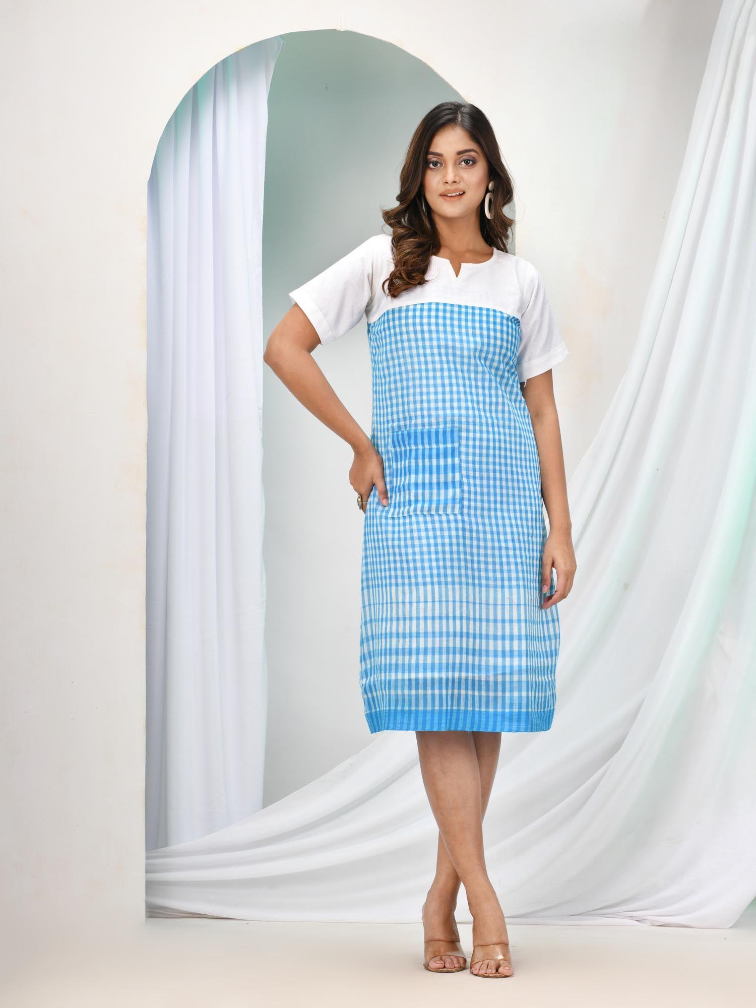 sky blue cotton bengal handwoven one piece dress