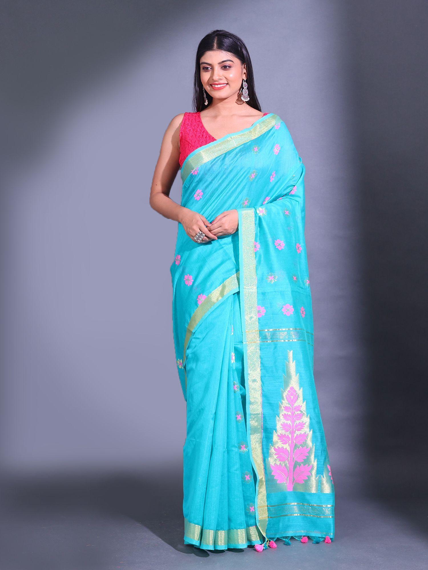 sky blue cotton blend handwoven nakshi design saree with unstitched blouse