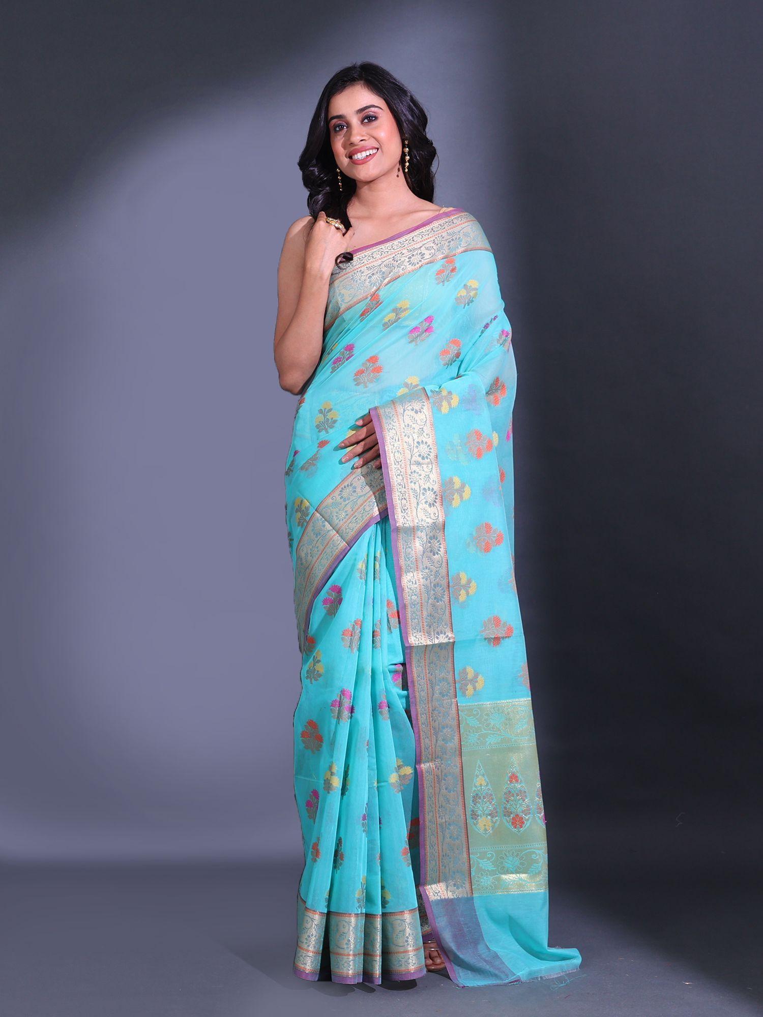 sky blue cotton blend handwoven zari damask motifs saree with unstitched blouse