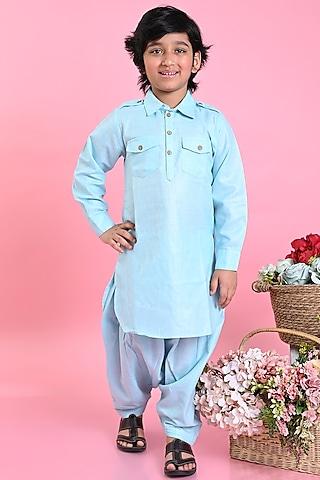 sky blue cotton blend pathani kurta set for boys