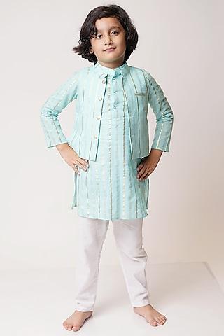 sky blue cotton bundi jacket with kurta set for boys