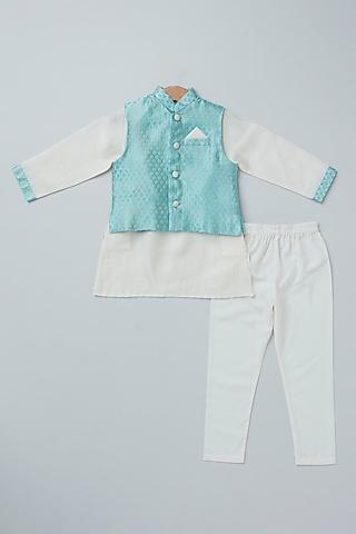 sky blue cotton chanderi printed bundi jacket set for boys