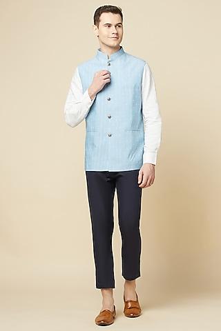 sky blue cotton embroidered bundi jacket