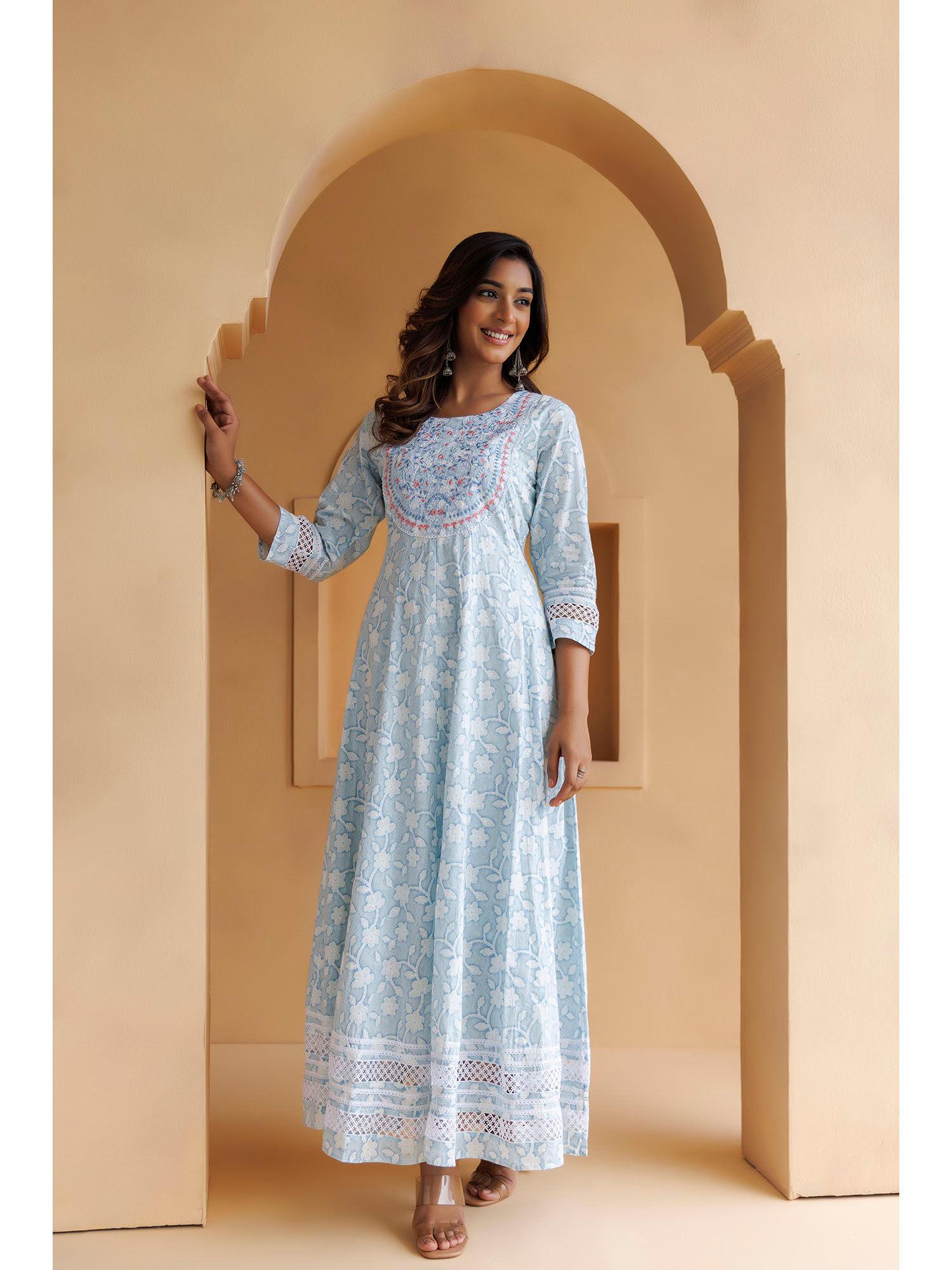 sky-blue cotton floral embroidered maxi dress