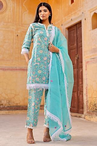 sky blue cotton floral hand block printed kurta set