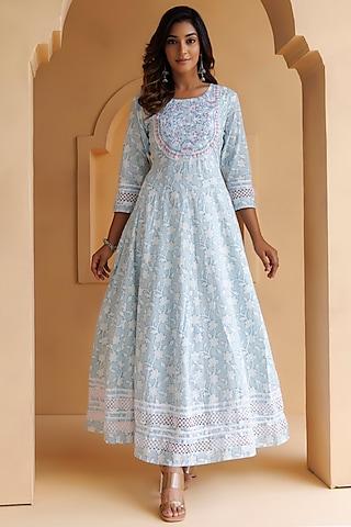 sky blue cotton floral printed & embroidered maxi dress