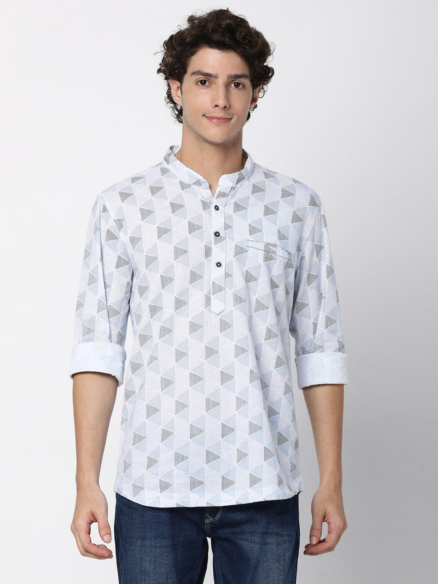 sky blue cotton full sleeve printed kurta for men