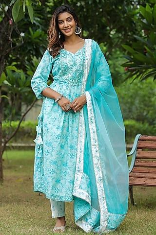 sky blue cotton hand block printed anarkali set