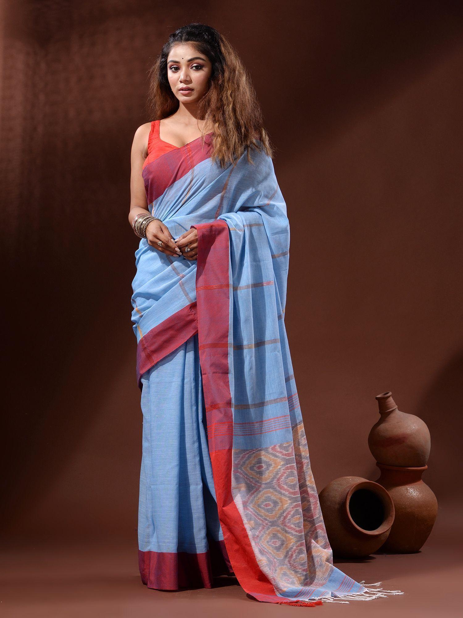 sky blue cotton handspun handwoven saree with sambolpuri pallu with unstitched blouse