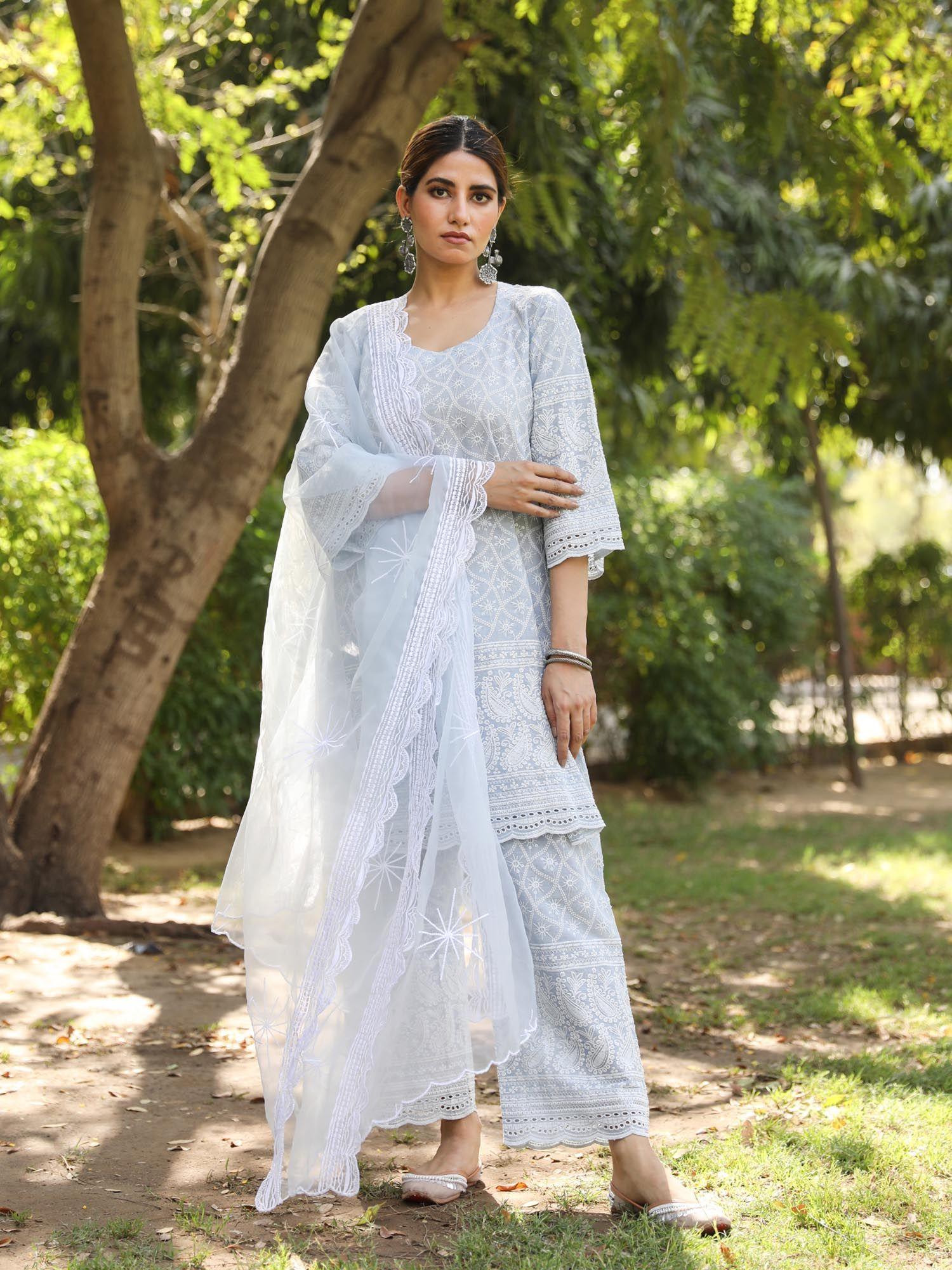 sky blue cotton kurta with pant & organza dupatta (set of 3)