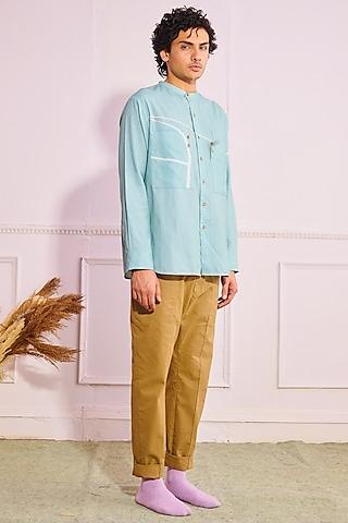 sky blue cotton linen shirt with stitch detailing