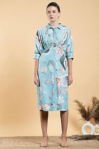 sky blue cotton poplin printed shirt dress