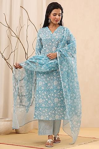 sky-blue cotton printed kurta set