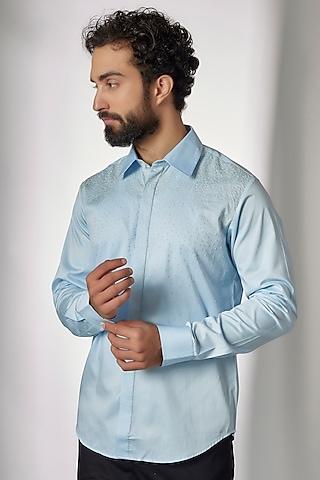 sky blue cotton satin embroidered shirt