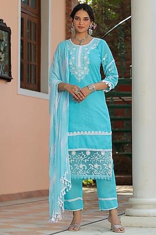 sky blue cotton schiffli chikankari kurta set