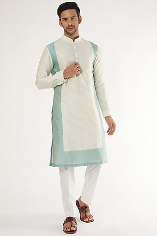 sky blue cotton silk chanderi printed & embroidered kurta set