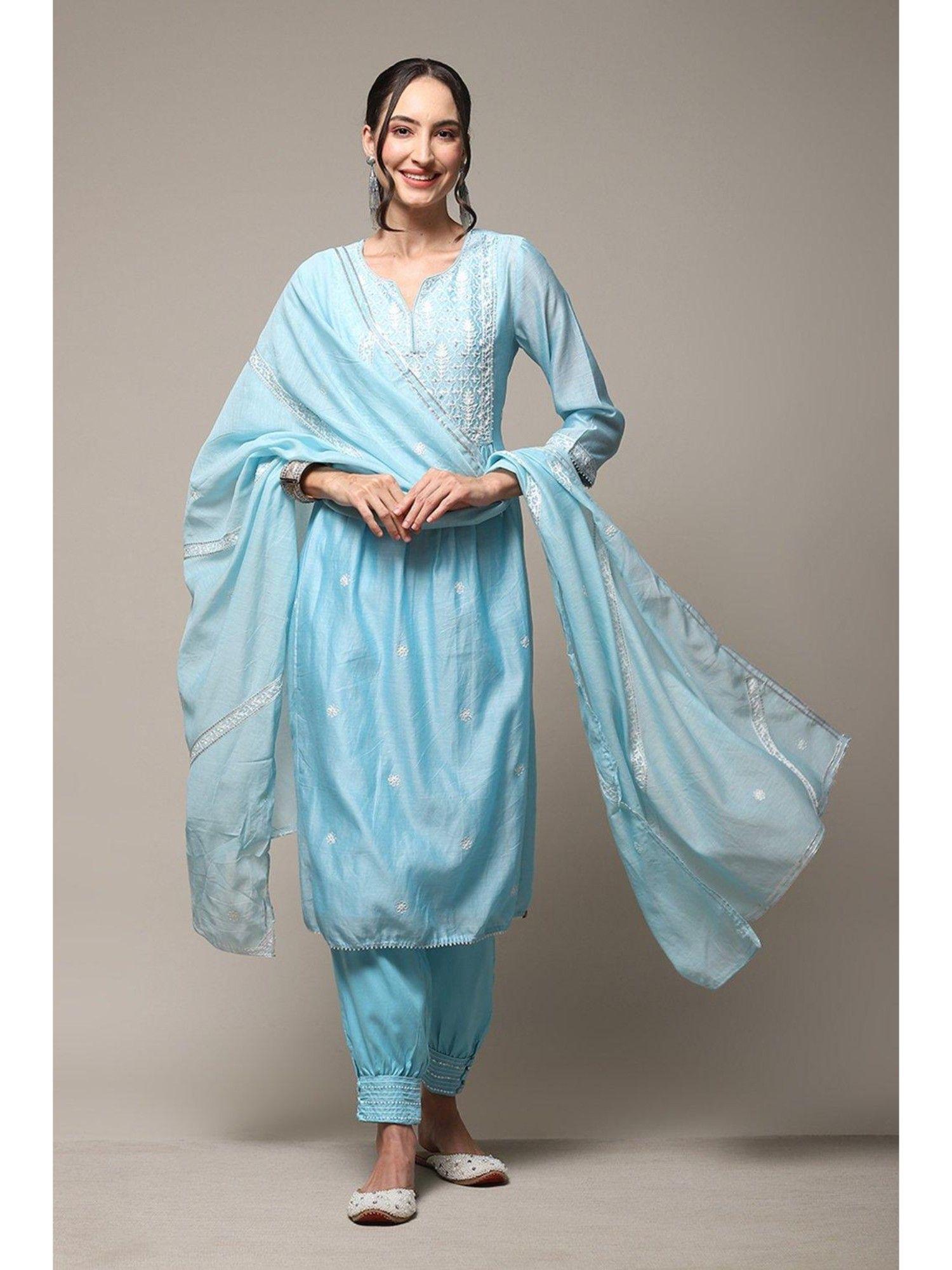 sky blue cotton silk embroidery calf kurta (set of 4)