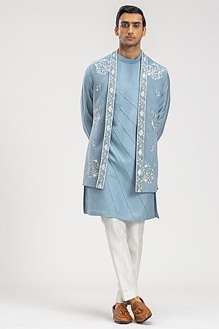 sky blue cotton suede embroidered nehru jacket with kurta set