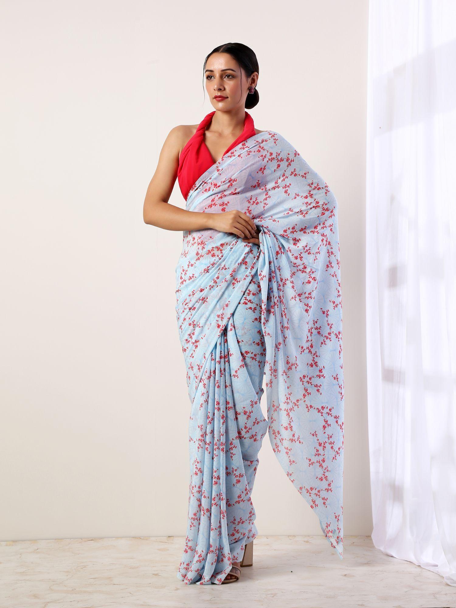 sky blue crepe saree with untitched blouse