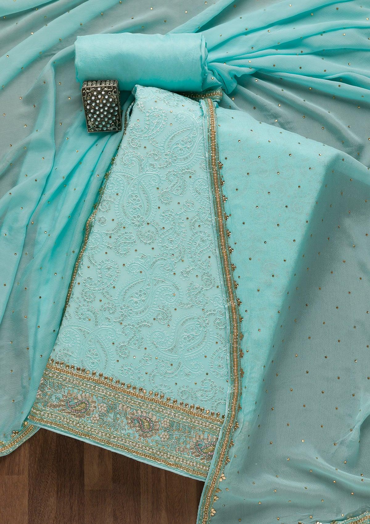 sky blue cutdana georgette unstitched salwar suit