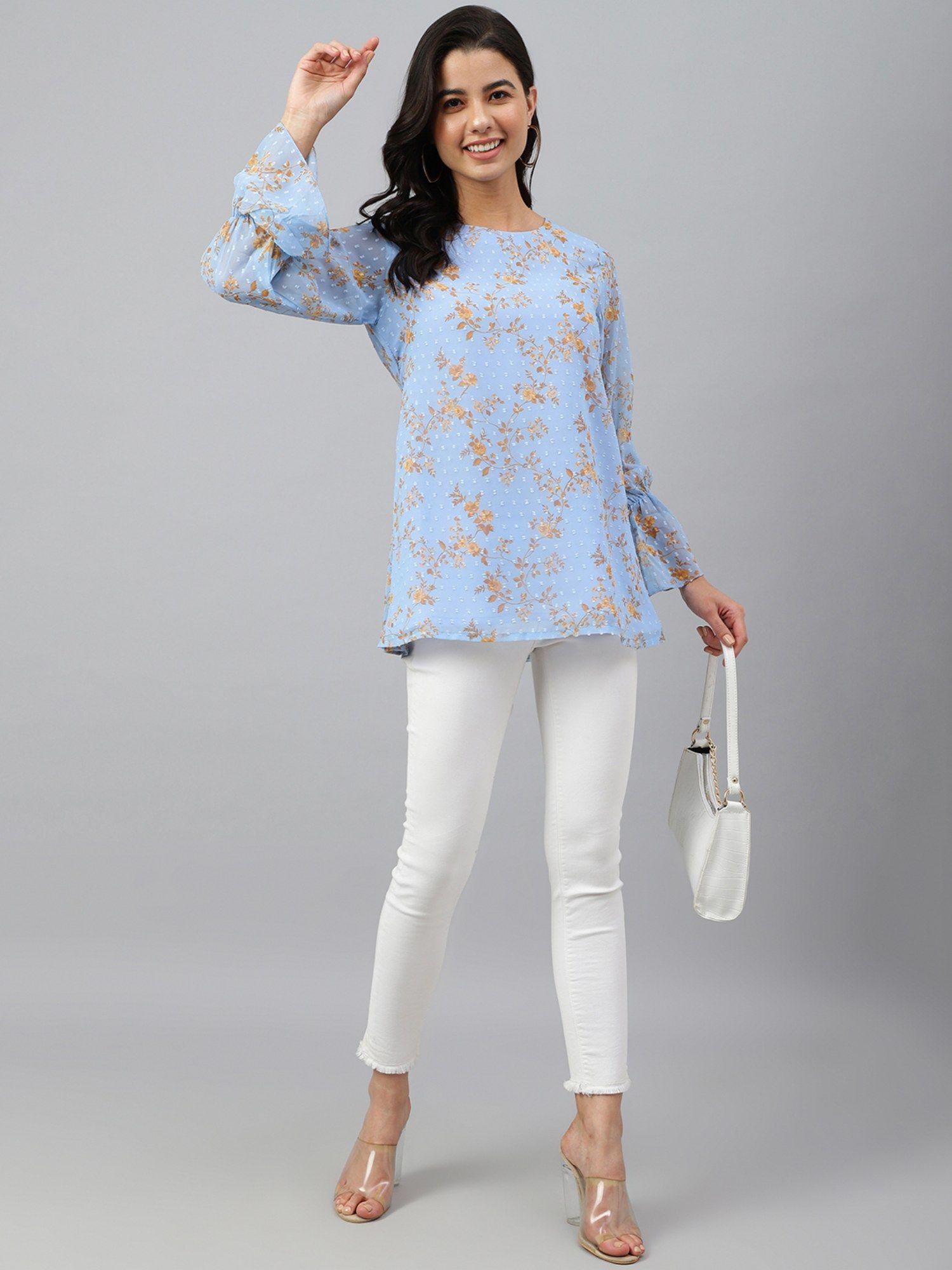 sky blue dobby georgette digital print a-line top