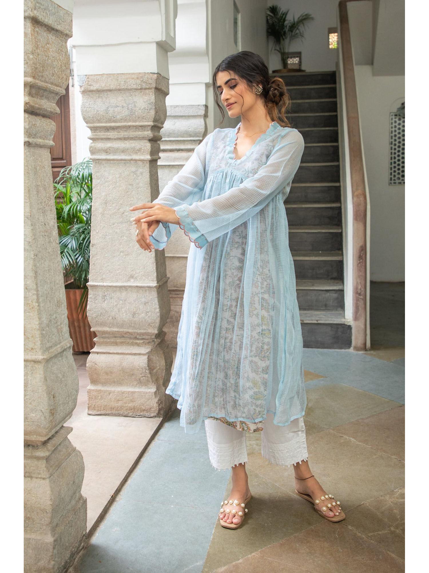 sky blue doriya checks and embroidered kurta with printed inner (set of 2)