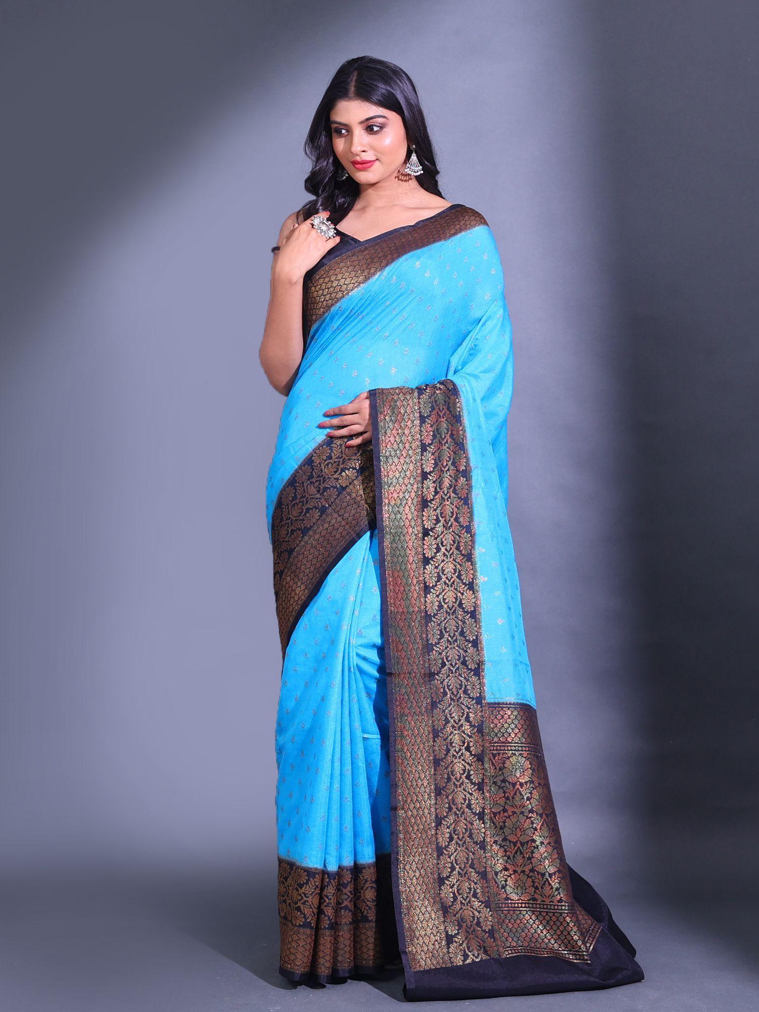 sky blue dupion silk handwoven zari floral pattern saree with unstitched blouse