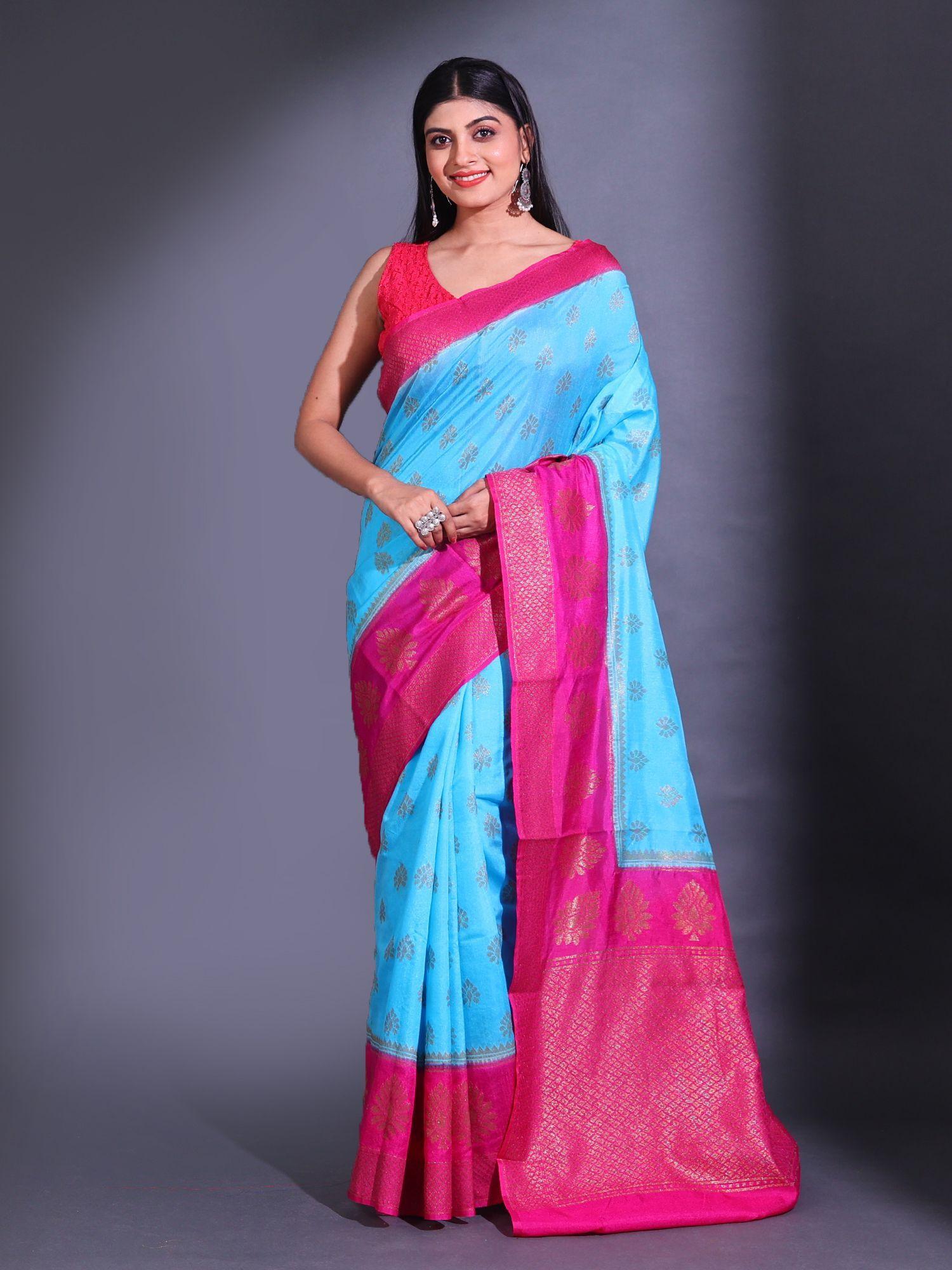 sky blue dupion silk handwoven zari texture pattern saree with unstitched blouse